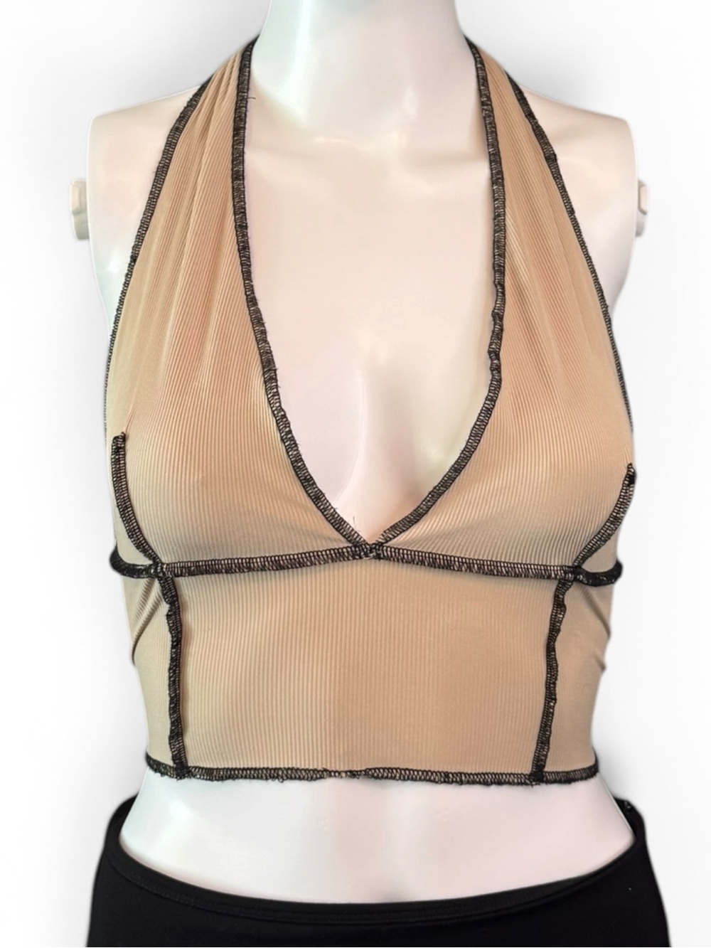 Garage Beige Halter Crop Top with Black Trim